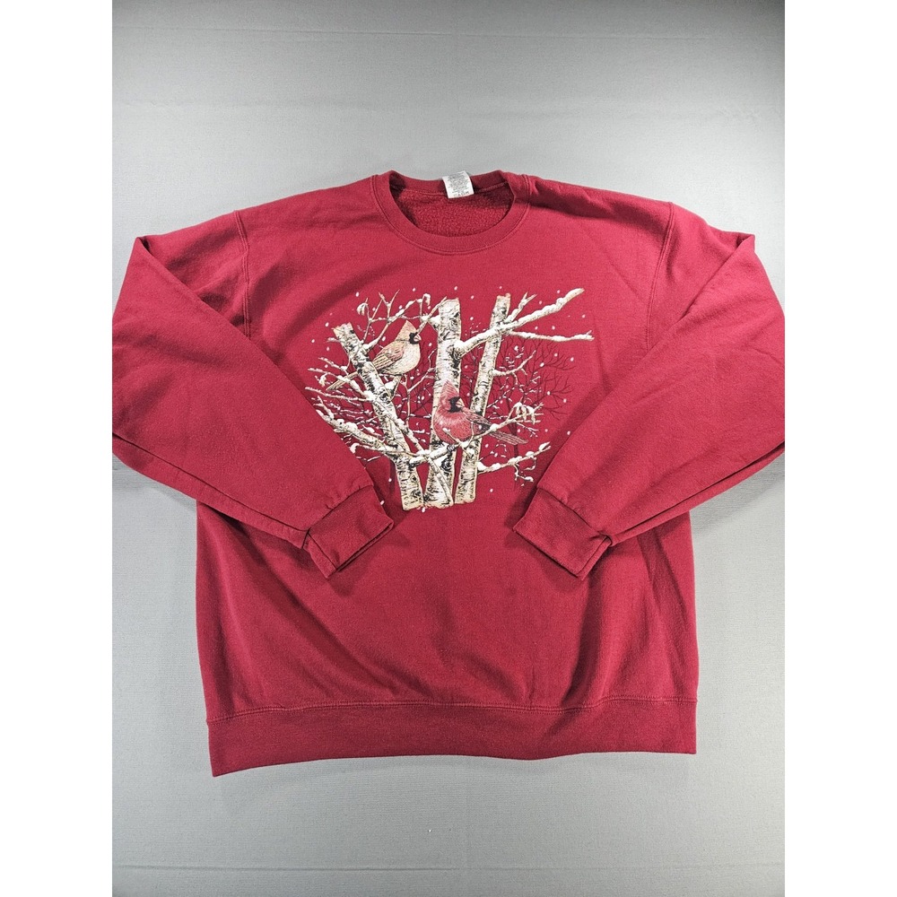 Jerzees Red Cardinal Sweatshirt Winter Birch Snow Grandmacore Graphic L Vintage